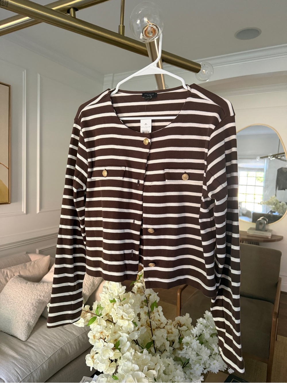 NWT Ann Taylor Brown & White Striped Button-Front Cardi - Button Missing